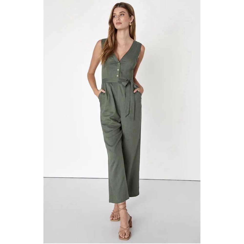 Lulus Confidently Modern Olive Green Linen Sleeveless Jumpsuit Women's Size Med